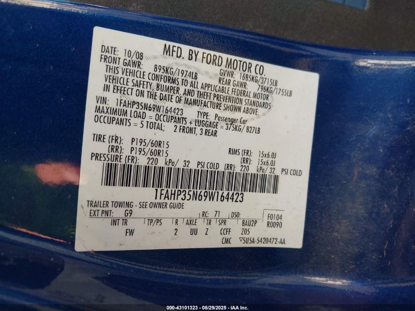 2009 Ford Focus Se VIN: 1FAHP35N69W164423 Lot: 43101323