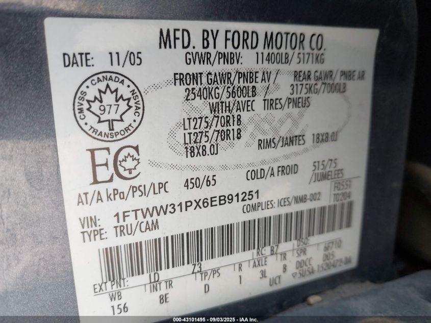 2006 Ford F-350 VIN: 1FTWW31PX6EB91251 Lot: 43101495