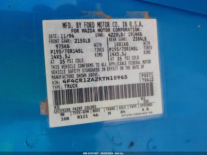 1994 Mazda B2300 VIN: 4F4CR12A2RTN10965 Lot: 43101527