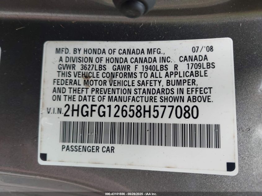 2008 Honda Civic Lx VIN: 2HGFG12658H577080 Lot: 43101556