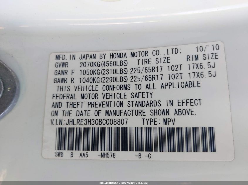 2011 Honda Cr-V Lx VIN: JHLRE3H30BC008807 Lot: 43101653
