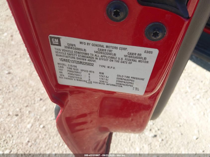 2005 Chevrolet Tahoe Lt VIN: 1GNEC13T25R225832 Lot: 43101667