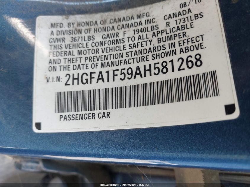 2010 Honda Civic Lx VIN: 2HGFA1F59AH581268 Lot: 43101696