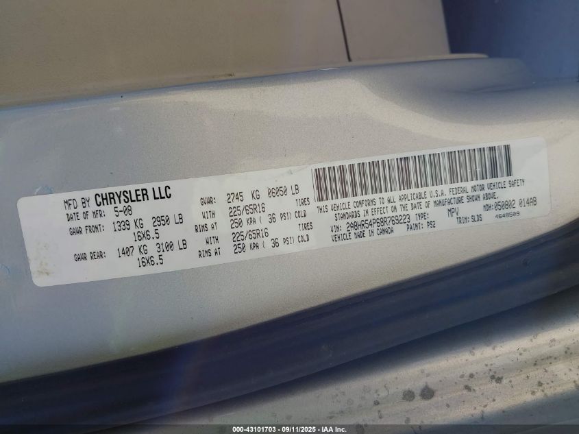 2008 Chrysler Town & Country Touring VIN: 2A8HR54P68R769223 Lot: 43101703