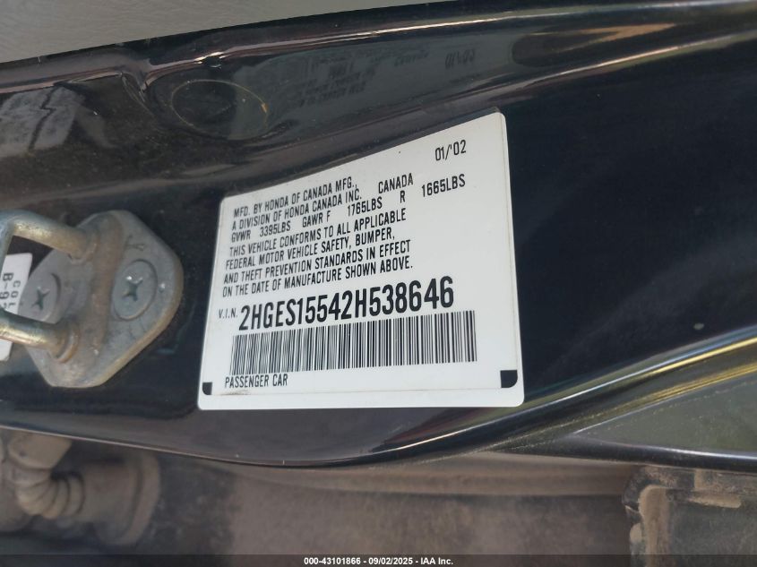 2002 Honda Civic Lx VIN: 2HGES15542H538646 Lot: 43101866