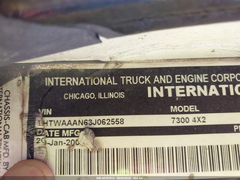 2003 International 7000 7300 VIN: 1HTWAAAN63J062558 Lot: 43101914