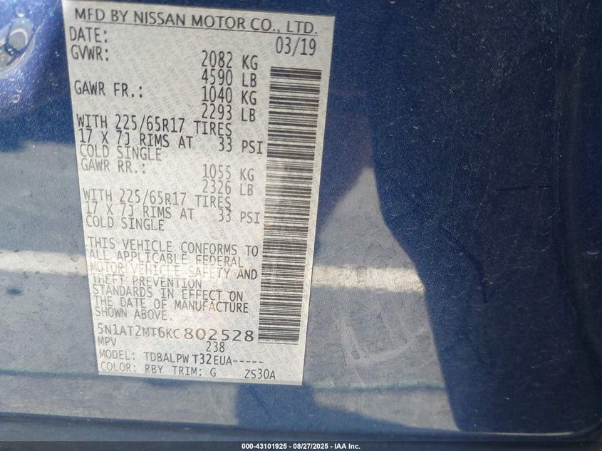 2019 NISSAN ROGUE S 5N1AT2MT6KC802528