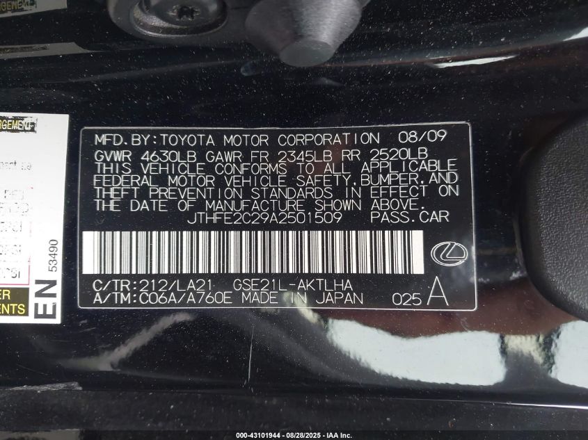 2010 Lexus Is 350C VIN: JTHFE2C29A2501509 Lot: 43101944