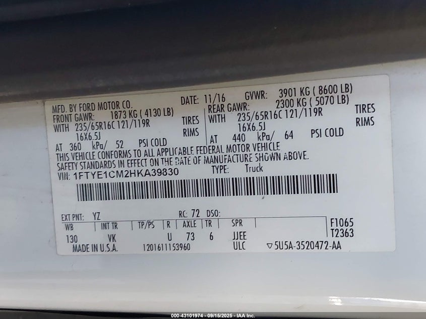 2017 FORD TRANSIT-150 - 1FTYE1CM2HKA39830