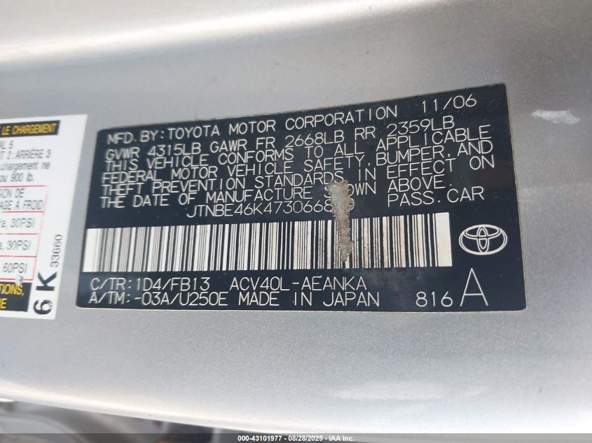 2007 Toyota Camry Le VIN: JTNBE46K473066890 Lot: 43101977