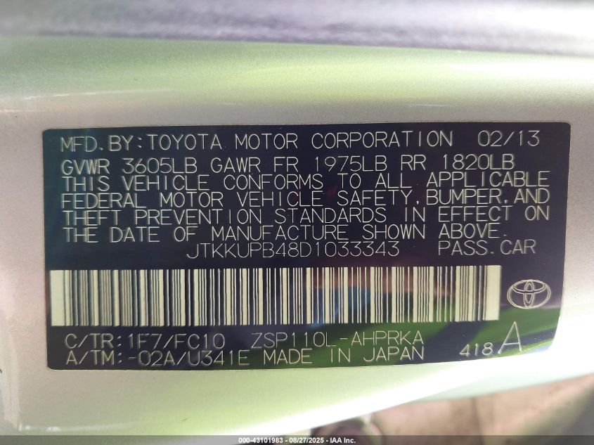 2013 Scion Xd VIN: JTKKUPB48D1033343 Lot: 43101983