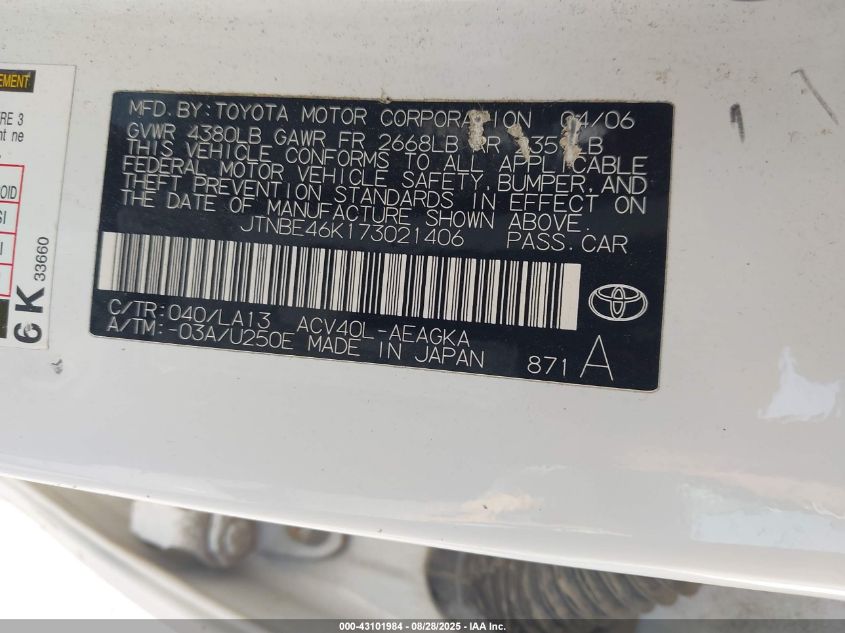 2007 Toyota Camry Xle VIN: JTNBE46K173021406 Lot: 43101984