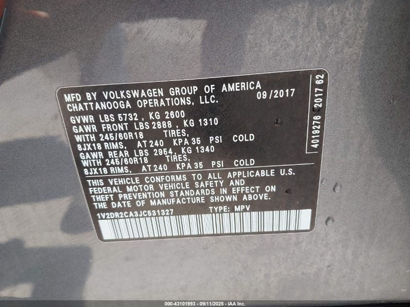 2018 Volkswagen Atlas 3.6L V6 Se/3.6L V6 Se W/Technology VIN: 1V2DR2CA3JC531327 Lot: 43101993