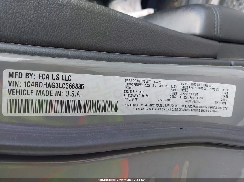 2020 Dodge Durango Sxt VIN: 1C4RDHAG3LC366835 Lot: 43102003