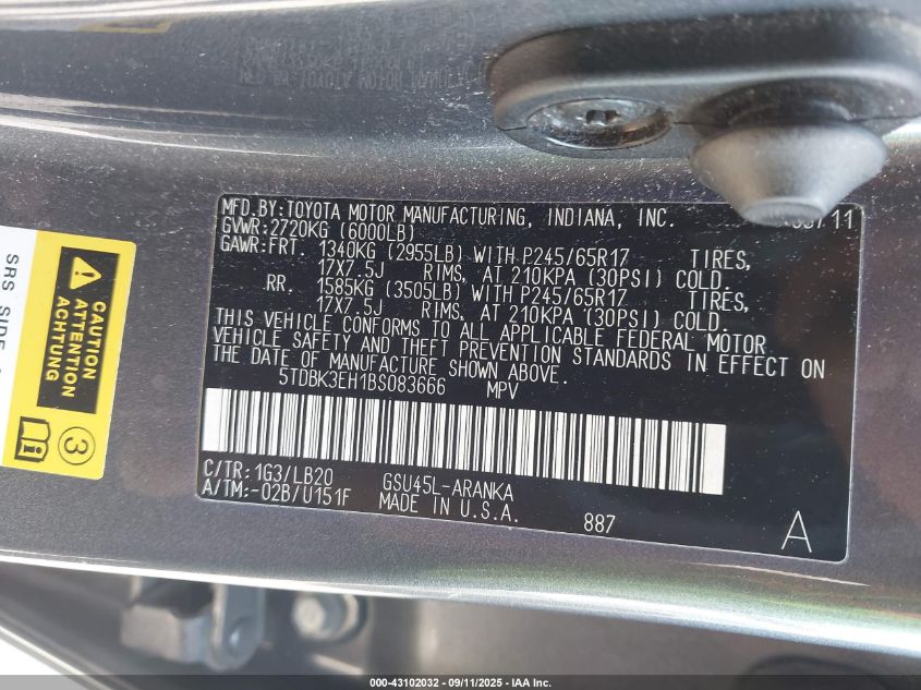 2011 Toyota Highlander Se V6 VIN: 5TDBK3EH1BS083666 Lot: 43102032