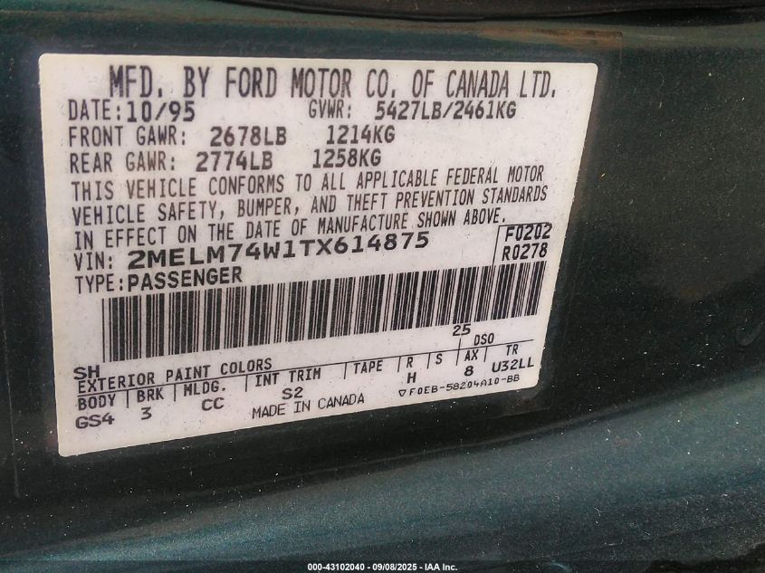 1996 Mercury Grand Marquis Gs VIN: 2MELM74W1TX614875 Lot: 43102040