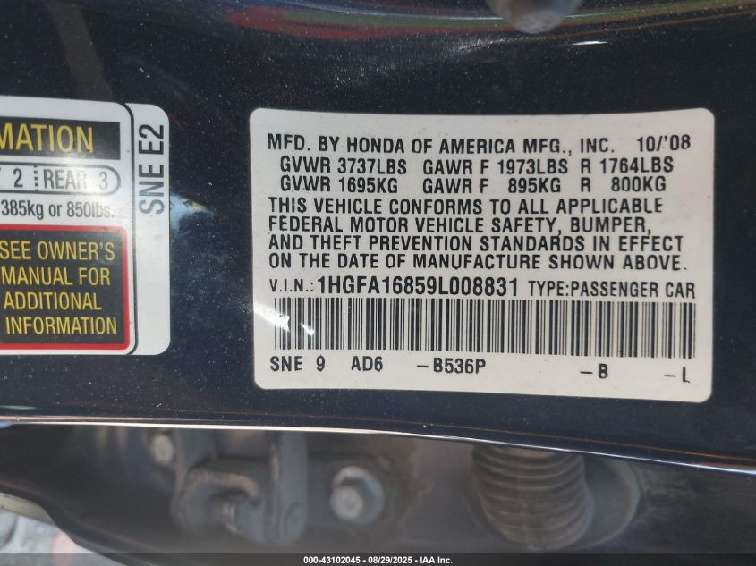 2009 Honda Civic Ex VIN: 1HGFA16859L008831 Lot: 43102045