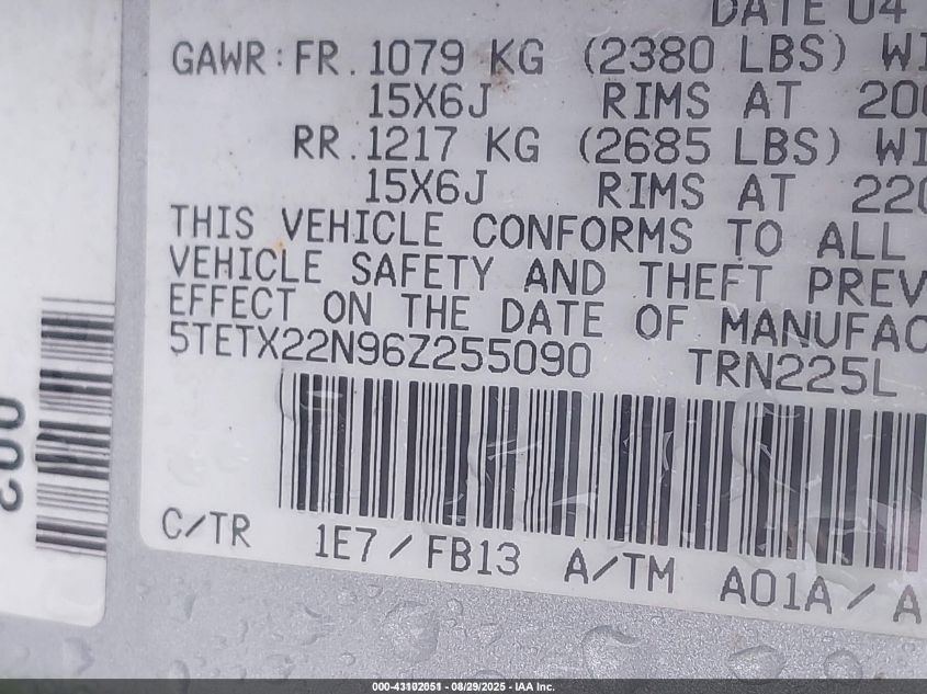 2006 Toyota Tacoma VIN: 5TETX22N96Z255090 Lot: 43102051
