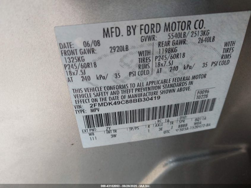 2008 Ford Edge Limited VIN: 2FMDK49C88BB30419 Lot: 43102053