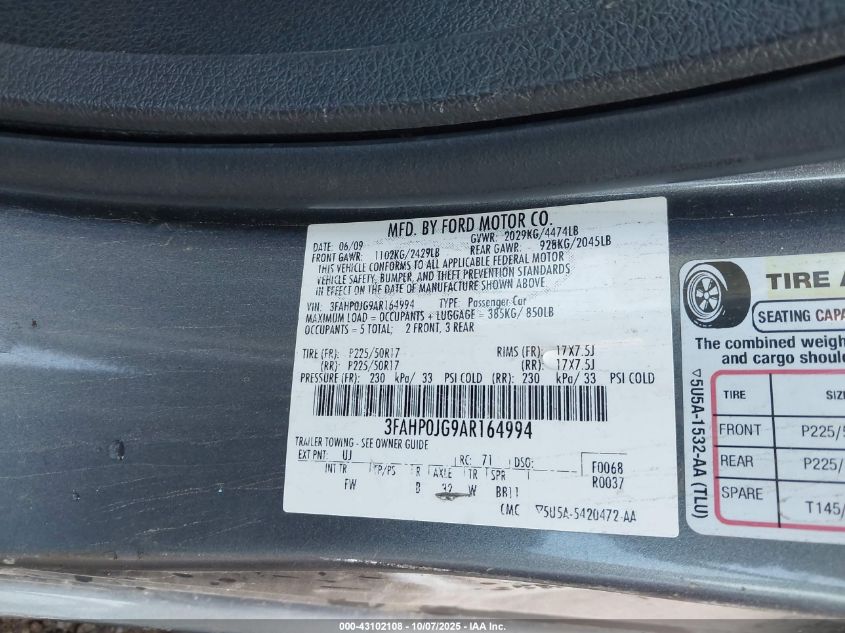 2010 Ford Fusion Sel VIN: 3FAHP0JG9AR164994 Lot: 43102108