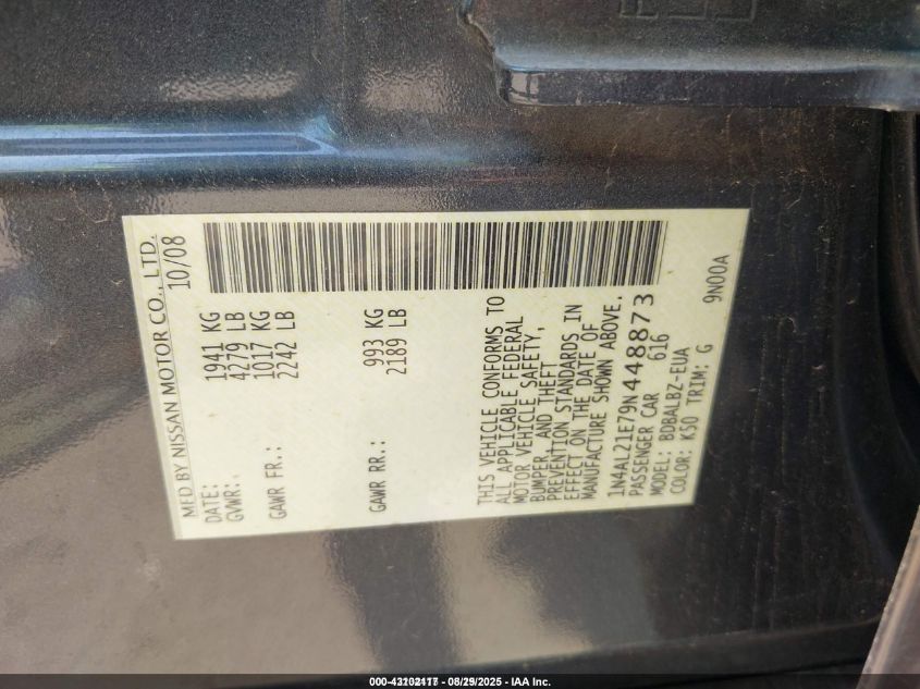 2009 Nissan Altima 2.5 S VIN: 1N4AL21E79N448873 Lot: 43102117