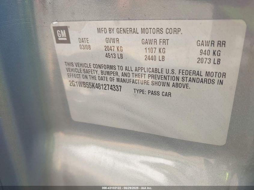 2008 Chevrolet Impala Ls VIN: 2G1WB55K481274337 Lot: 43102122
