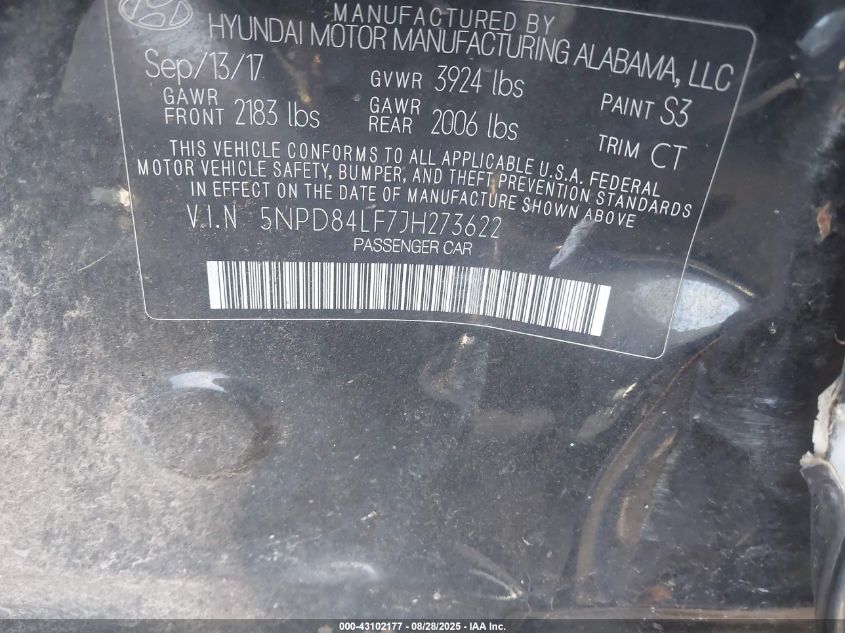 2018 Hyundai Elantra Sel VIN: 5NPD84LF7JH273622 Lot: 43102177