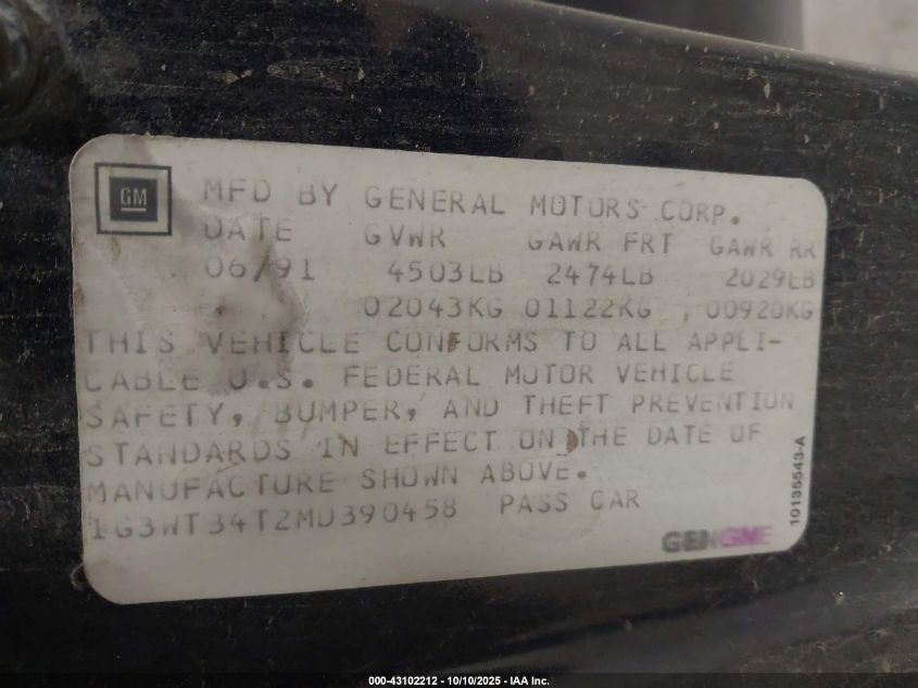 1991 Oldsmobile Cutlass Supreme VIN: 1G3WT34T2MD390458 Lot: 43102212
