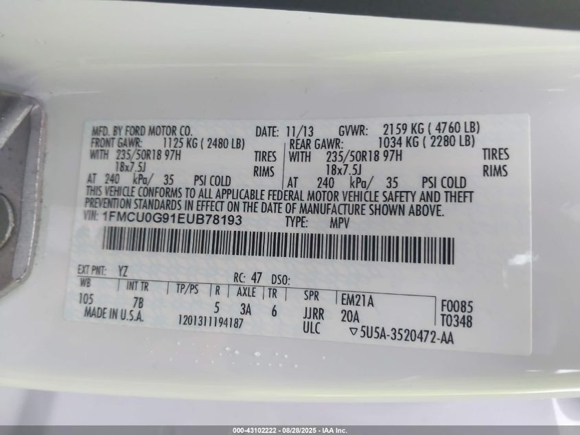 2014 Ford Escape Se VIN: 1FMCU0G91EUB78193 Lot: 43102222