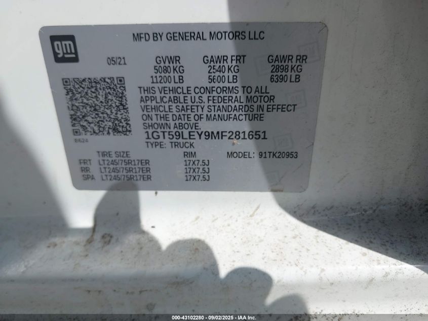 2021 GMC Sierra 2500Hd 4Wd Double Cab Long Bed VIN: 1GT59LEY9MF281651 Lot: 43102280