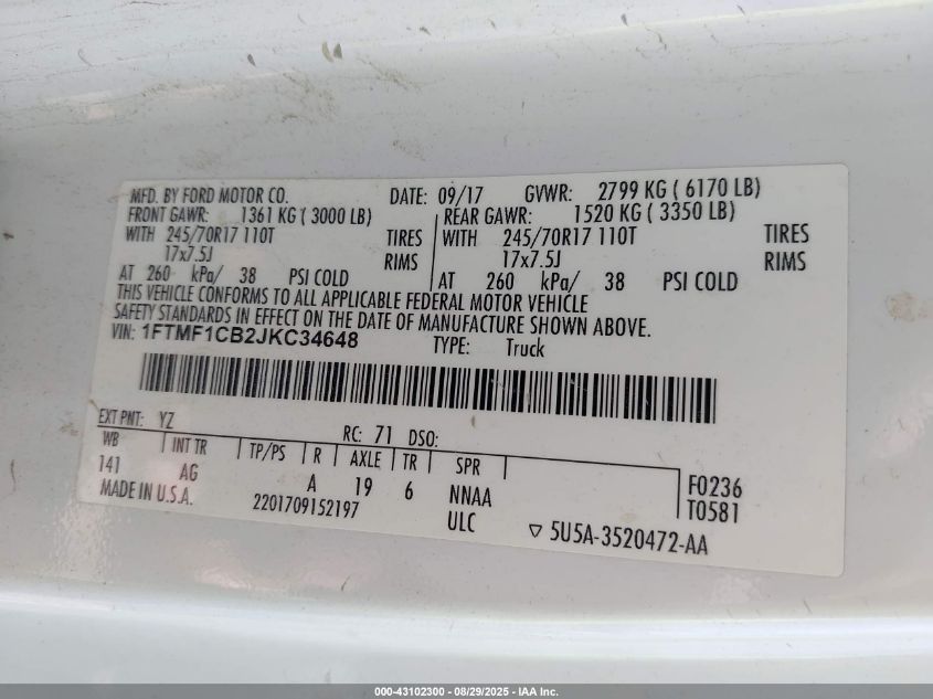 2018 Ford F-150 Xl VIN: 1FTMF1CB2JKC34648 Lot: 43102300