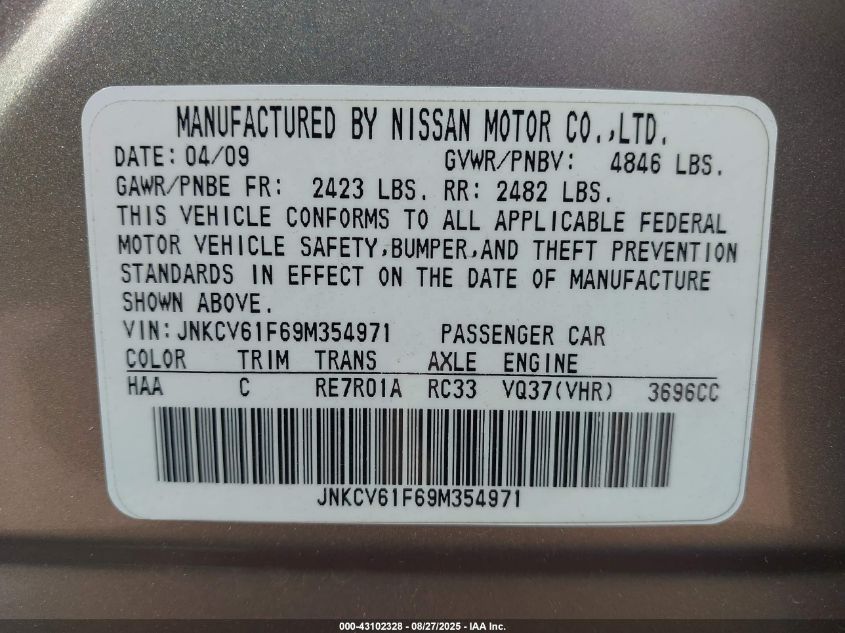 2009 Infiniti G37X VIN: JNKCV61F69M354971 Lot: 43102328