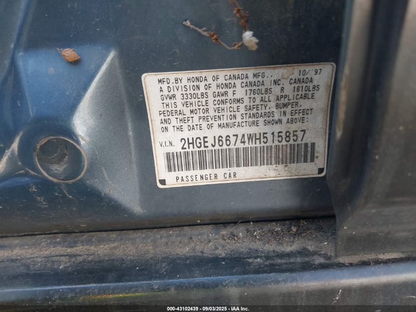 1998 Honda Civic Lx VIN: 2HGEJ6674WH515857 Lot: 43102439