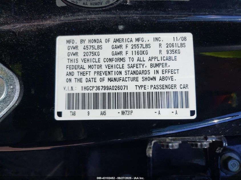 2009 Honda Accord 3.5 Ex VIN: 1HGCP36799A026071 Lot: 43102452