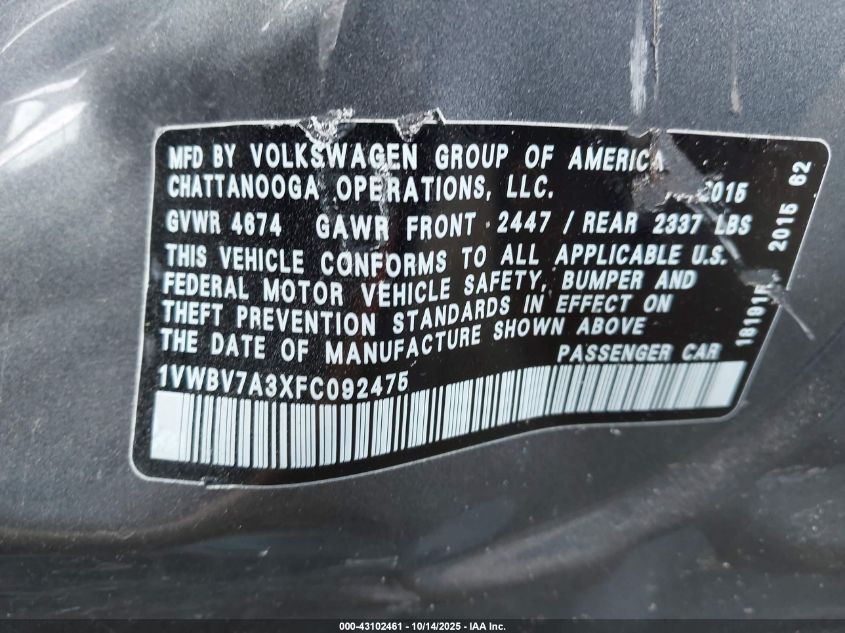2015 Volkswagen Passat 2.0L Tdi Se VIN: 1VWBV7A3XFC092475 Lot: 43102461
