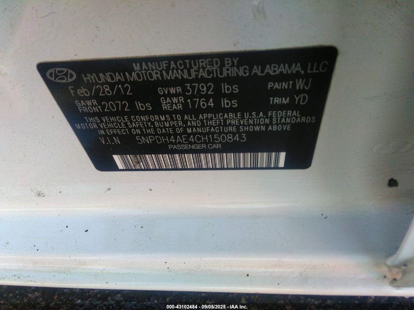 2012 Hyundai Elantra Gls VIN: 5NPDH4AE4CH150843 Lot: 43102484