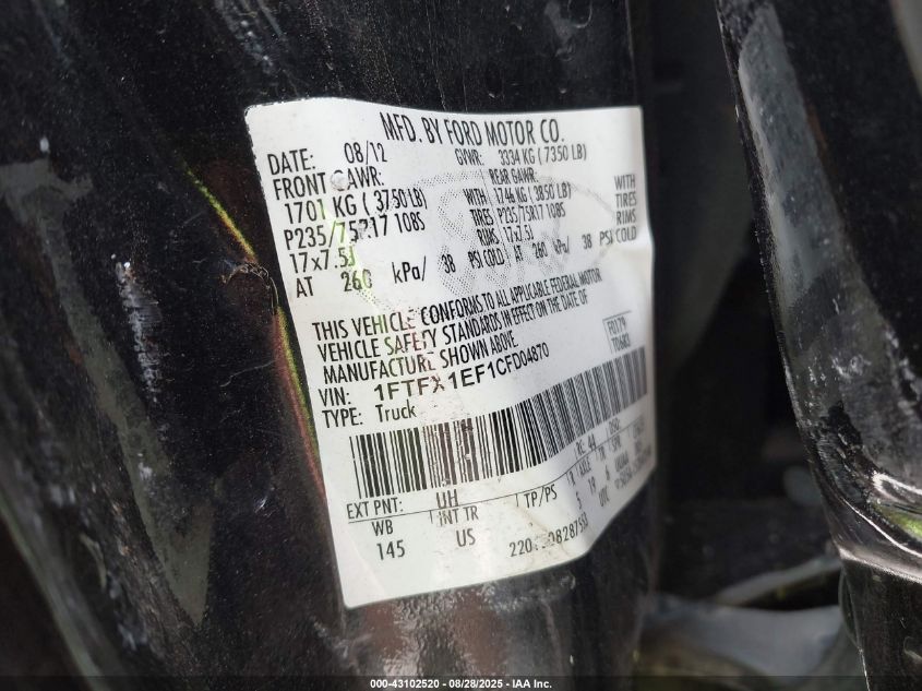 2012 Ford F-150 Xlt VIN: 1FTFX1EF1CFD04870 Lot: 43102520