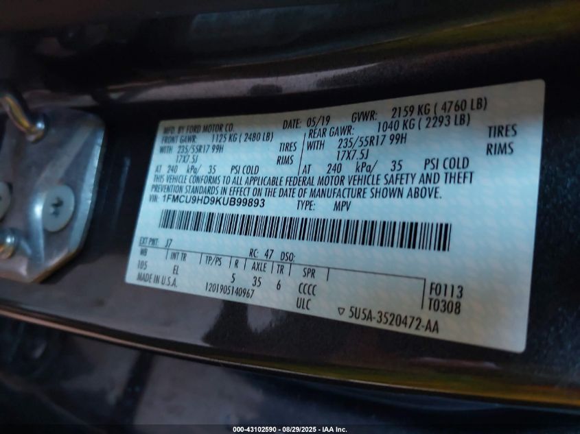 2019 Ford Escape Sel VIN: 1FMCU9HD9KUB99893 Lot: 43102590