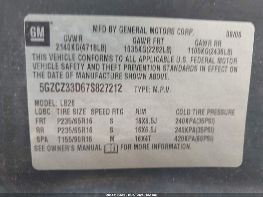 2007 Saturn Vue 4 Cyl VIN: 5GZCZ33D67S827212 Lot: 43102597