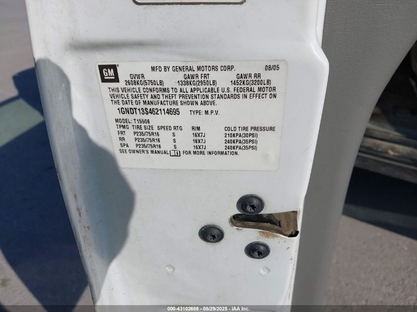 2006 Chevrolet Trailblazer Ls VIN: 1GNDT13S462114695 Lot: 43102608