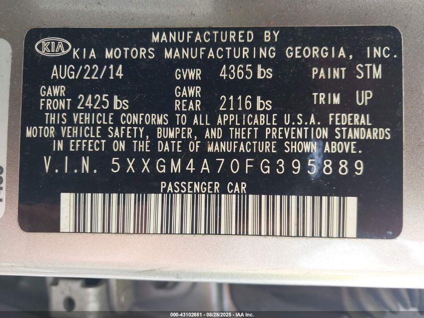 2015 Kia Optima Lx VIN: 5XXGM4A70FG395889 Lot: 43102681