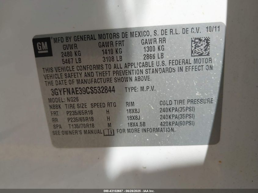 2012 Cadillac Srx Luxury Collection VIN: 3GYFNAE39CS532844 Lot: 43102687