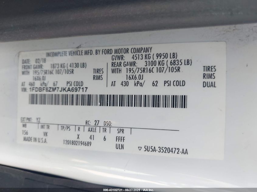 2018 Ford Transit-350 Cab VIN: 1FDBF8ZM7JKA69717 Lot: 43102721