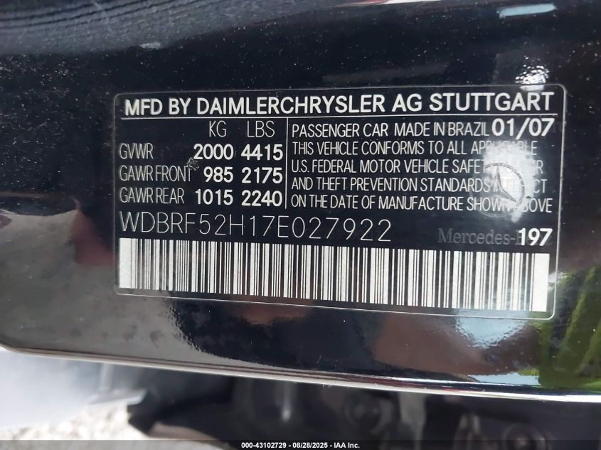 2007 Mercedes-Benz C 230 Sport VIN: WDBRF52H17E027922 Lot: 43102729