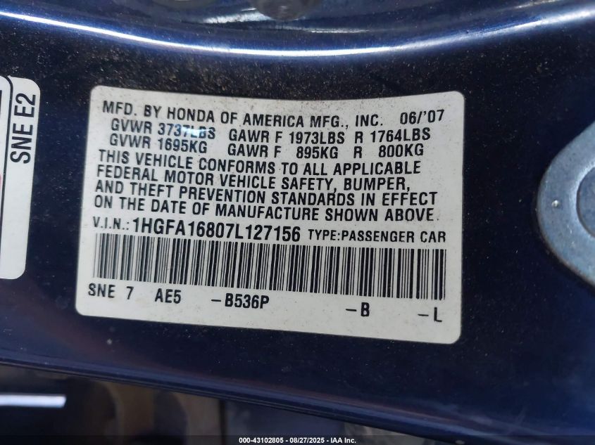 2007 Honda Civic Ex VIN: 1HGFA16807L127156 Lot: 43102805