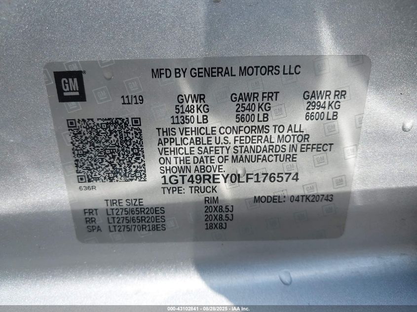 2020 GMC Sierra 2500Hd 4Wd Standard Bed Denali VIN: 1GT49REY0LF176574 Lot: 43102841