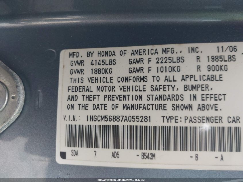 2007 Honda Accord 2.4 Ex VIN: 1HGCM56887A055281 Lot: 43102896