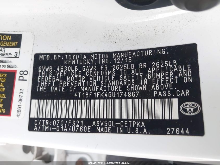 2016 Toyota Camry Se VIN: 4T1BF1FK4GU174867 Lot: 43102911