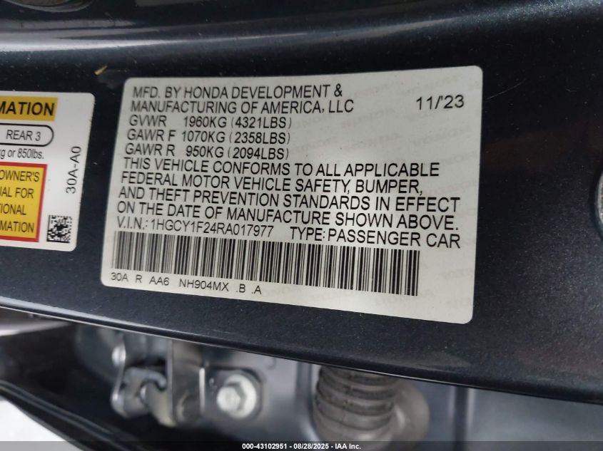2024 Honda Accord Lx VIN: 1HGCY1F24RA017977 Lot: 43102951