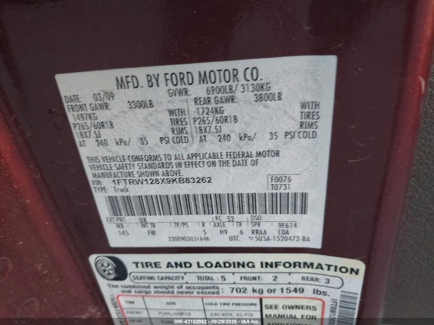 2009 Ford F-150 Xl/Xlt VIN: 1FTRW128X9KB83262 Lot: 43102982
